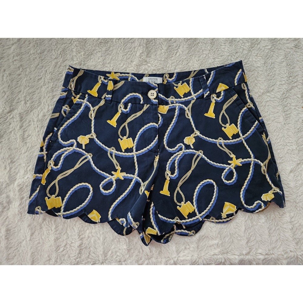 Crown & Ivy Shelby Nautical Shorts Womens Size 6P Navy Blue Rope Scalloped Hem